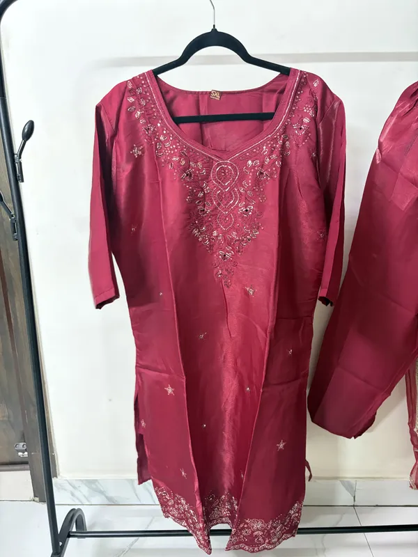 Wine_Satin_Embroidered_Kurta_for_Women