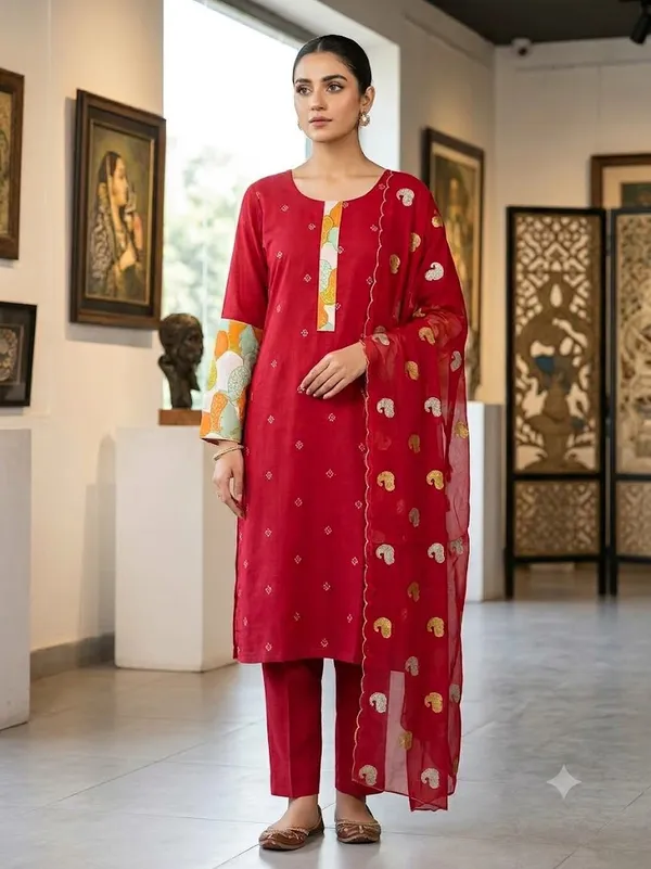 Red_Vichitra_Silk_Embroidered_Kurta_Set_For_Women