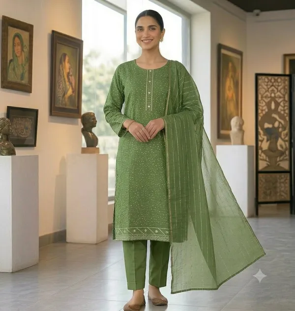 Green_Cotton_Printed_Kurta_Set_With_Dupatta_For_Women