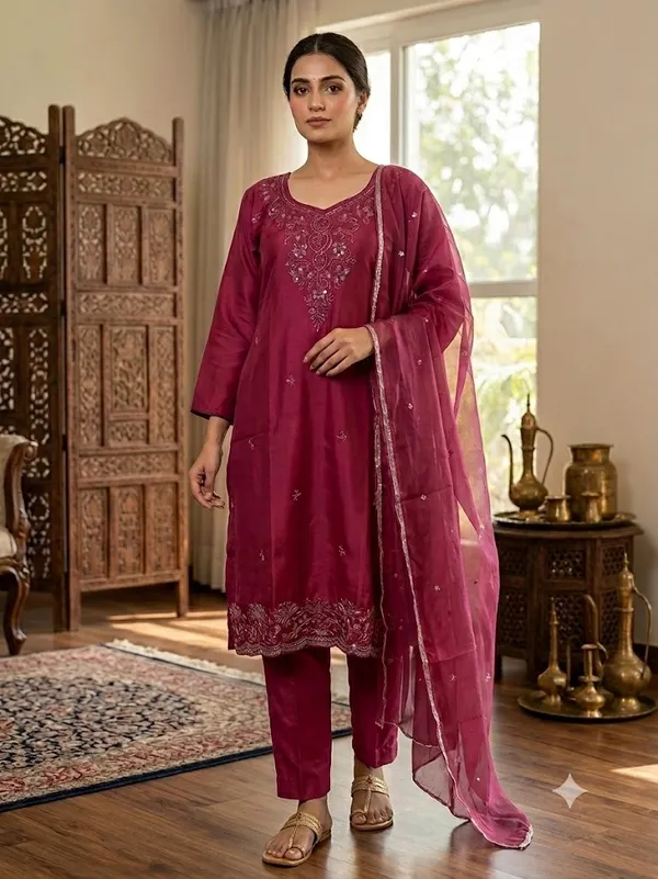 Wine_Organza_Embroidered_Kurta_Set_For_Women