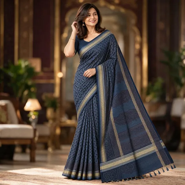 Blue_Sico_Cotton_And_Silk_Saree_With_Blouse_Piece_For_Women