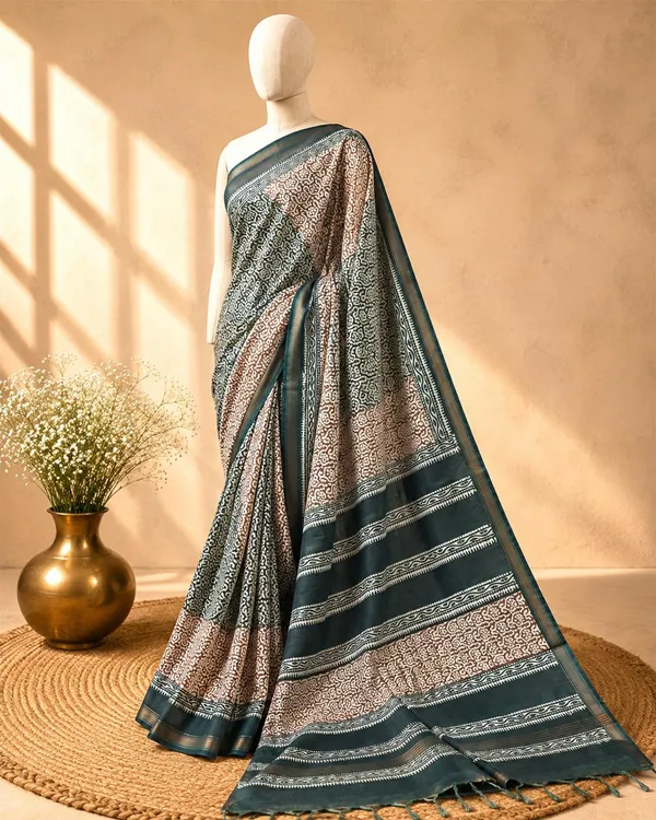 Teal_Sico_Cotton_And_Silk_Saree_With_Blouse_Piece_For_Women