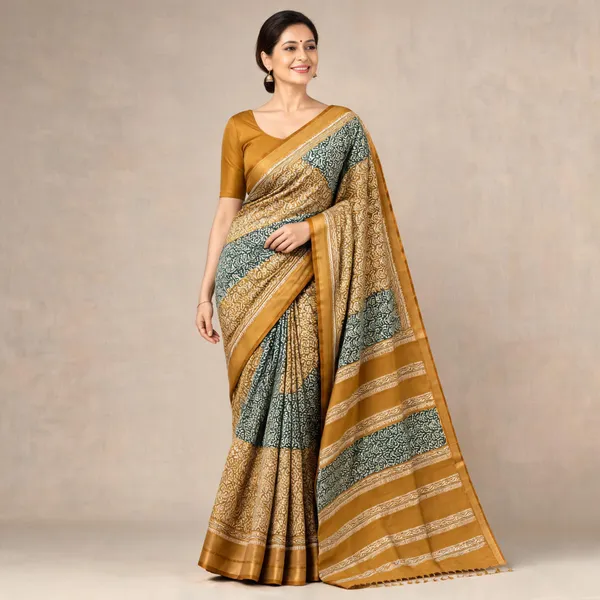 Mustard_Sico_Cotton_And_Silk_Saree_With_Blouse_Piece_For_Women