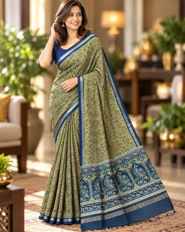 Olive_Green_Sico_Cotton_And_Silk_Saree_With_Blouse_Piece_For_Women