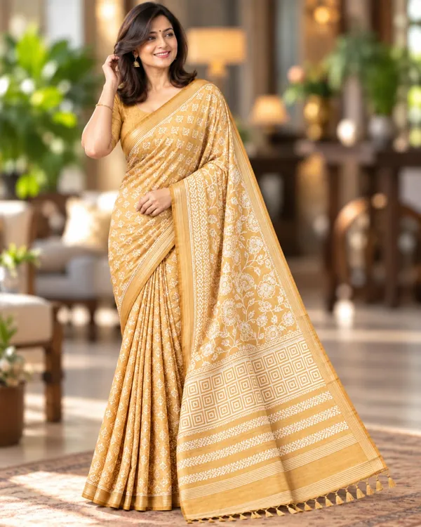 Mustard_Sico_Cotton_And_Silk_Saree_With_Blouse_Piece_For_Women