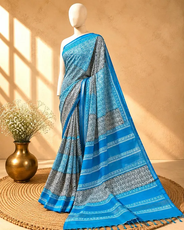 Blue_Sico_Cotton_And_Silk_Saree_With_Blouse_Piece_For_Women