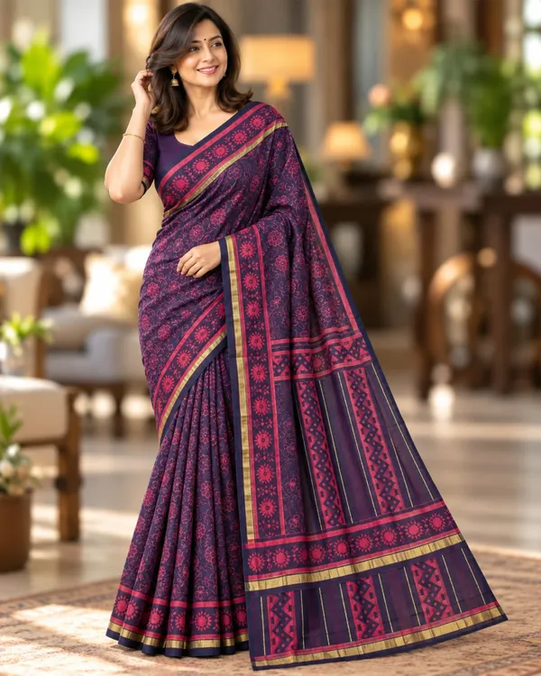 Navy_Blue_Sico_Cotton_And_Silk_Saree_With_Blouse_Piece_For_Women