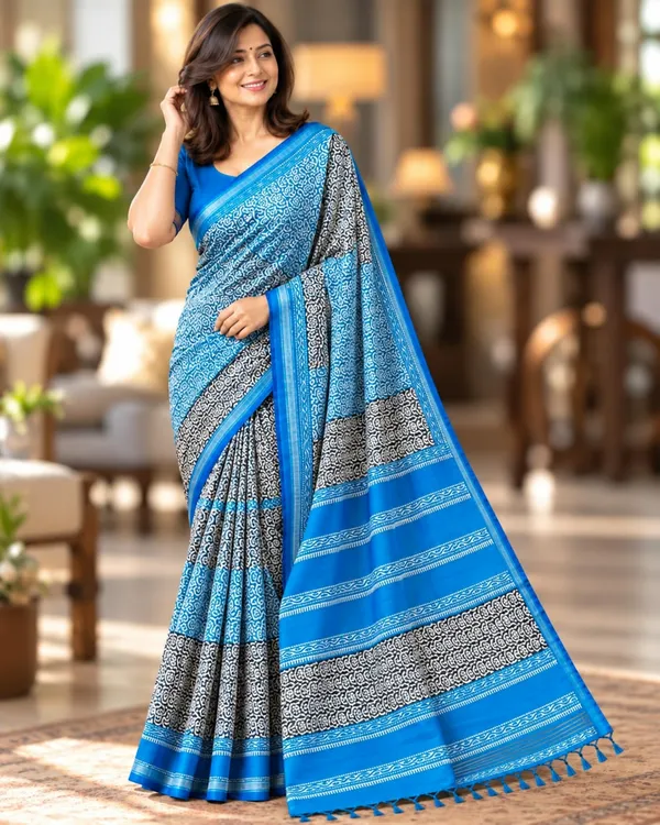 Blue_Sico_Cotton_And_Silk_Saree_With_Blouse_Piece_For_Women