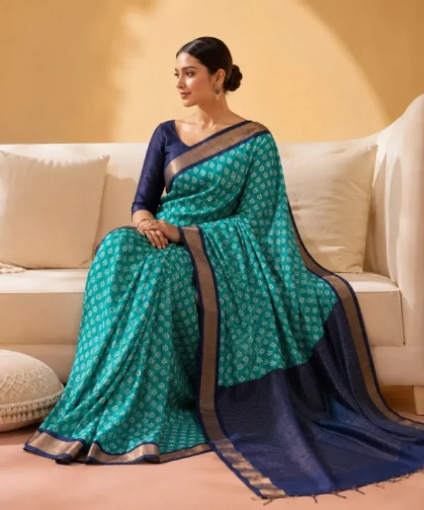 Teal_Sico_Cotton_And_Silk_Saree_With_Blouse_Piece_For_Women