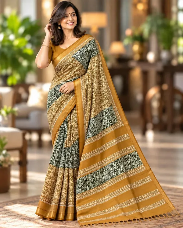 Mustard_Sico_Cotton_And_Silk_Saree_With_Blouse_Piece_For_Women