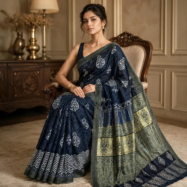 Navy_Blue_Sico_Cotton_And_Silk_Saree_With_Blouse_Piece_For_Women