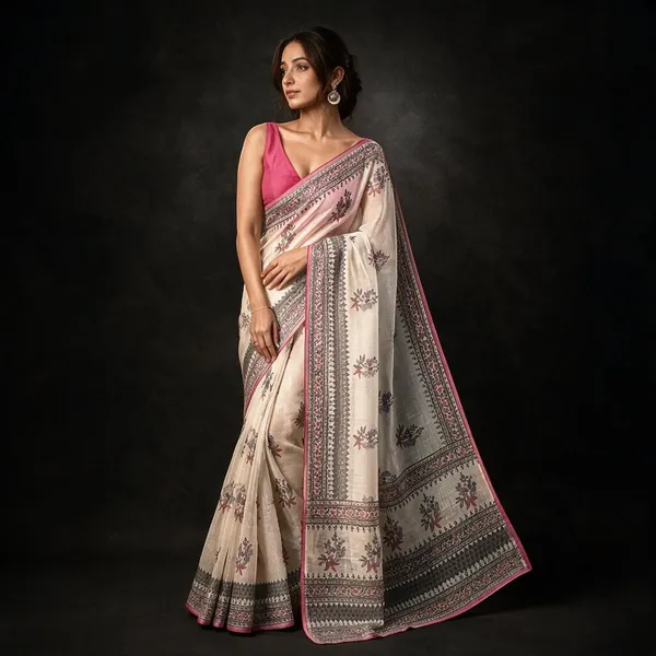 Cream_Sico_Cotton_And_Silk_Saree_With_Blouse_Piece_For_Women
