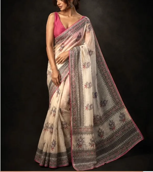 Cream_Sico_Cotton_And_Silk_Saree_With_Blouse_Piece_For_Women