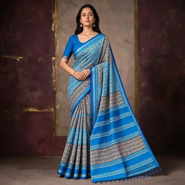 Blue_Sico_Cotton_And_Silk_Saree_With_Blouse_Piece_For_Women