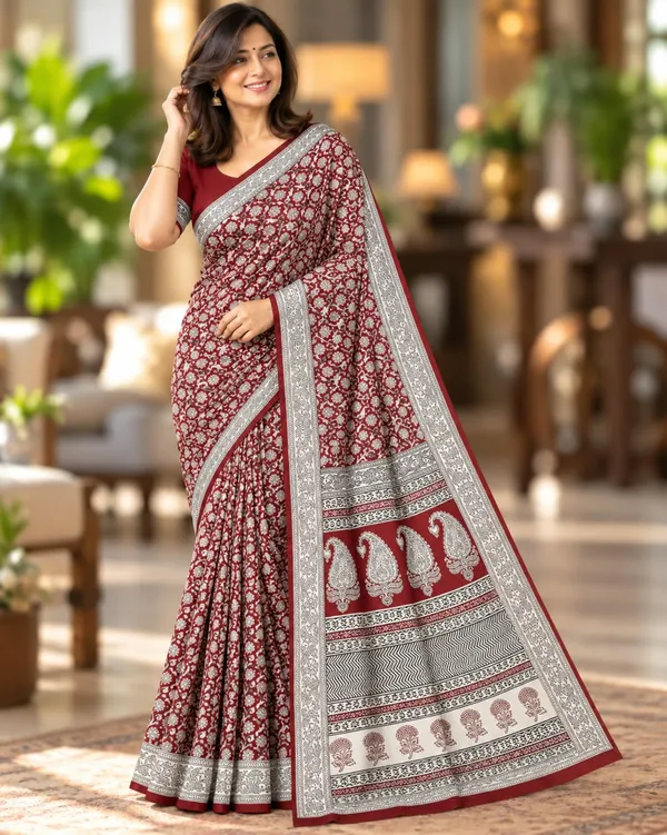 Maroon_Sico_Cotton_And_Silk_Saree_With_Blouse_Piece_For_Women