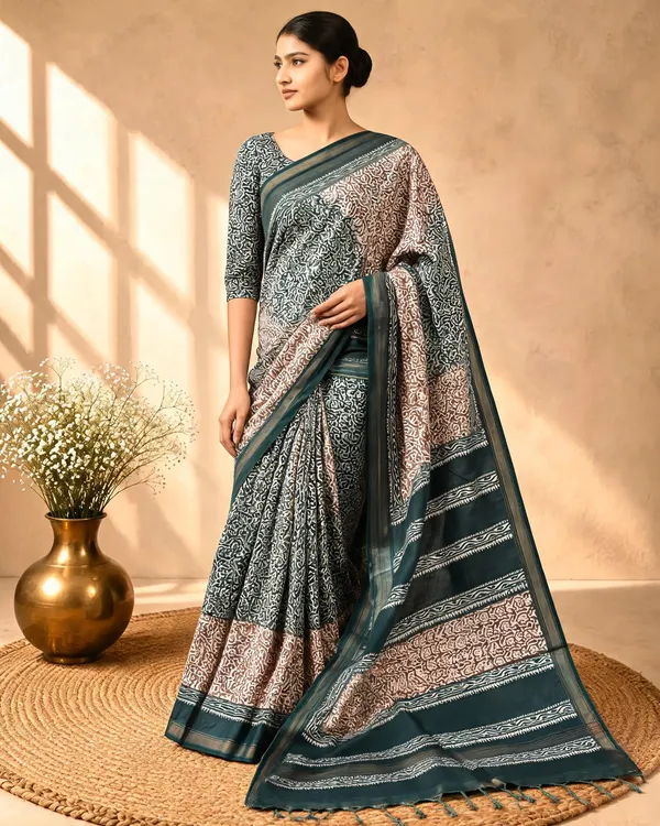 Teal_Sico_Cotton_And_Silk_Saree_With_Blouse_Piece_For_Women