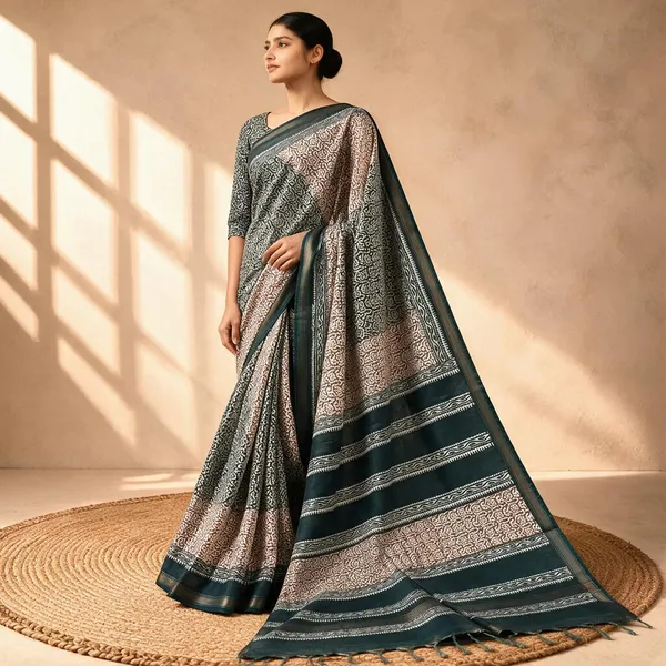 Teal_Sico_Cotton_And_Silk_Saree_With_Blouse_Piece_For_Women