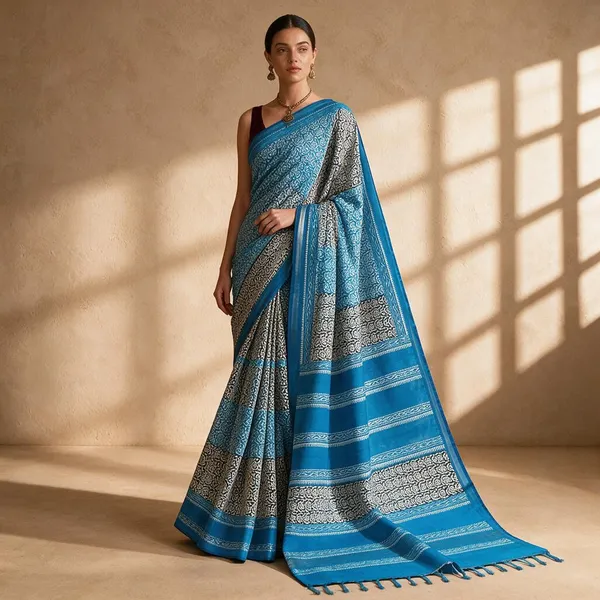 Blue_Sico_Cotton_And_Silk_Saree_With_Blouse_Piece_For_Women