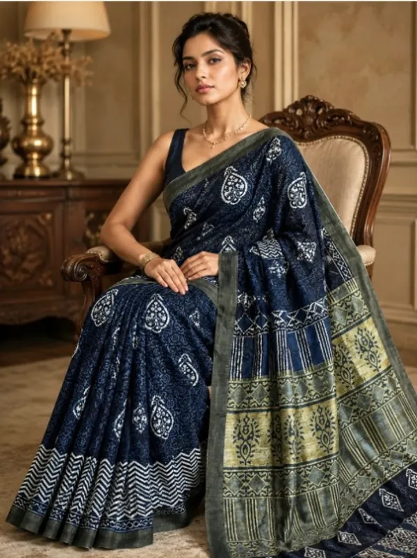 Navy_Blue_Sico_Cotton_And_Silk_Saree_With_Blouse_Piece_For_Women