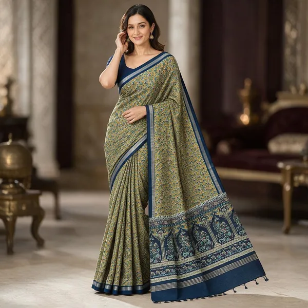 Olive_Green_Sico_Cotton_And_Silk_Saree_With_Blouse_Piece_For_Women