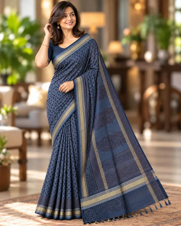 Blue_Sico_Cotton_And_Silk_Saree_With_Blouse_Piece_For_Women