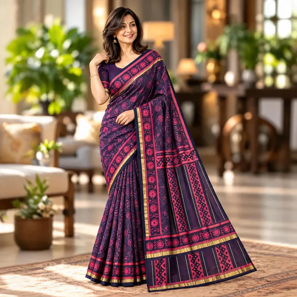Navy_Blue_Sico_Cotton_And_Silk_Saree_With_Blouse_Piece_For_Women