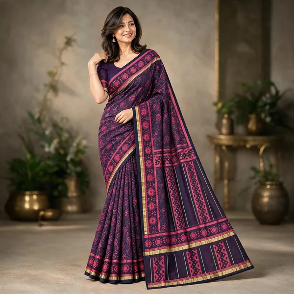 Navy_Blue_Sico_Cotton_And_Silk_Saree_With_Blouse_Piece_For_Women