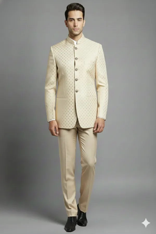 Stitched_Designer_Suit_With_Unstitched_Pant_Fabric_Cream_Gold_Dot