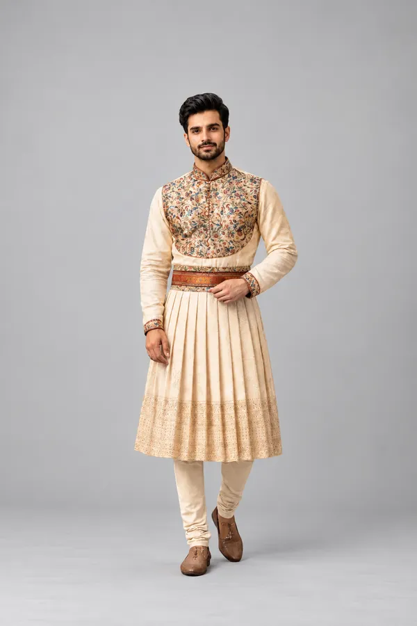 Cream_Embroidered_Angrakha_Sherwani