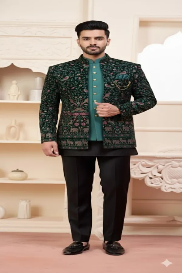 Royal_Green_Embroidered_Bandhgala_With_Teal_Kurta_Wedding_Special