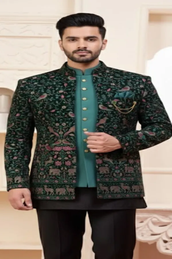 Royal_Green_Embroidered_Bandhgala_With_Teal_Kurta_Wedding_Special