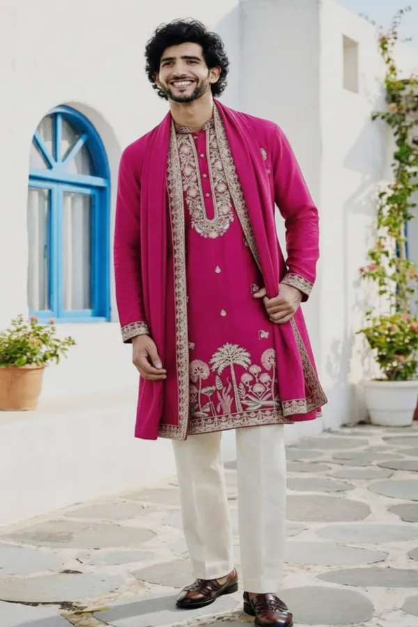 Royal_Magenta_Embroidered_Salwar_Kurta_Dupatta_Set_For_Men