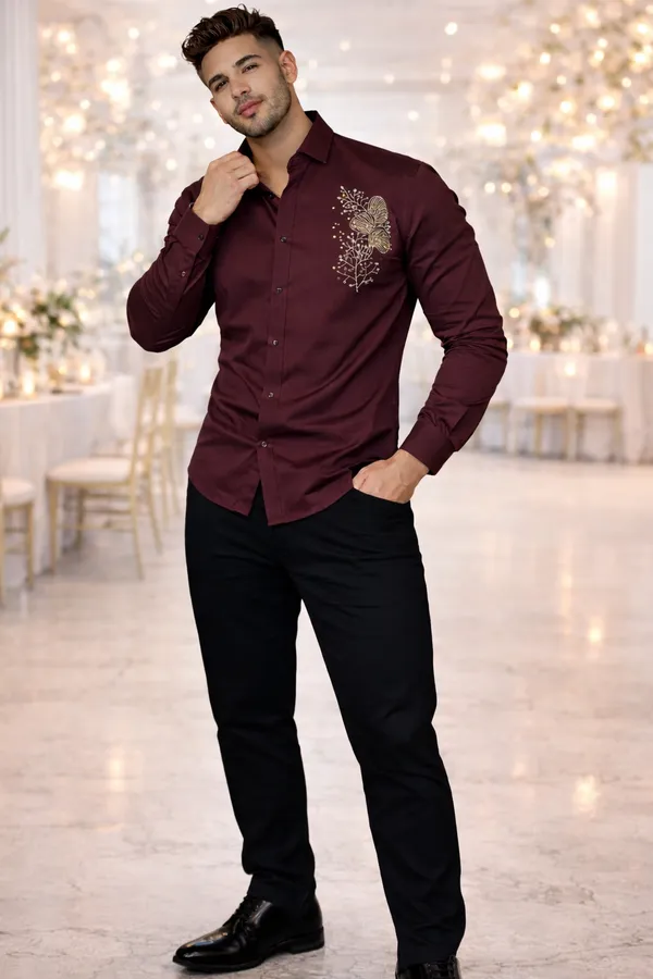 Men_S_Premium_Maroon_Satin_Party_Wear_Shirt_With_Gold_Embroidered_Floral