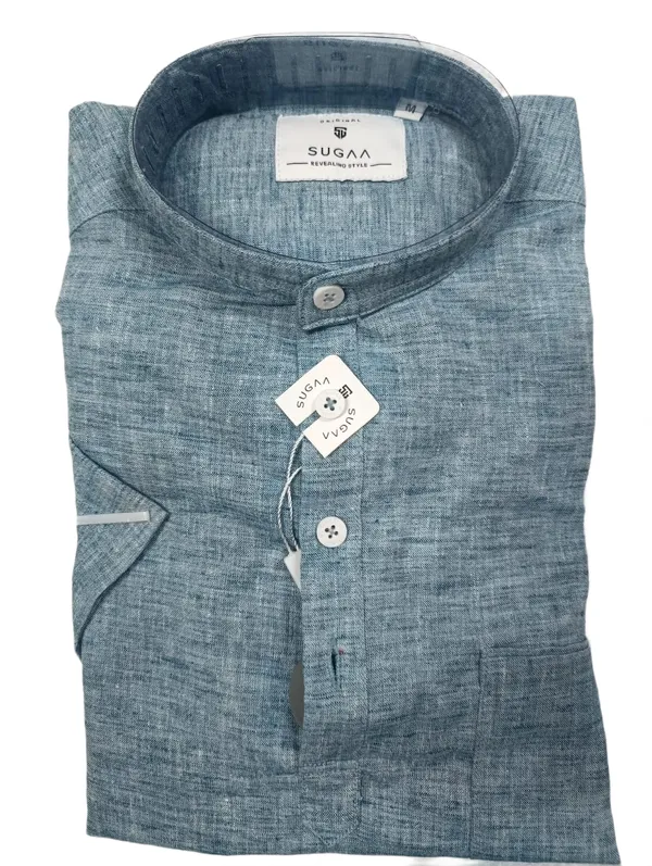 Mens_Textured_Mandarin_Collar_Short_Kurta_Shirt_Dusty_Sky_Blue