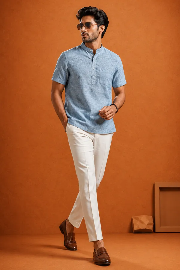 Mens_Textured_Mandarin_Collar_Short_Kurta_Shirt_Dusty_Sky_Blue