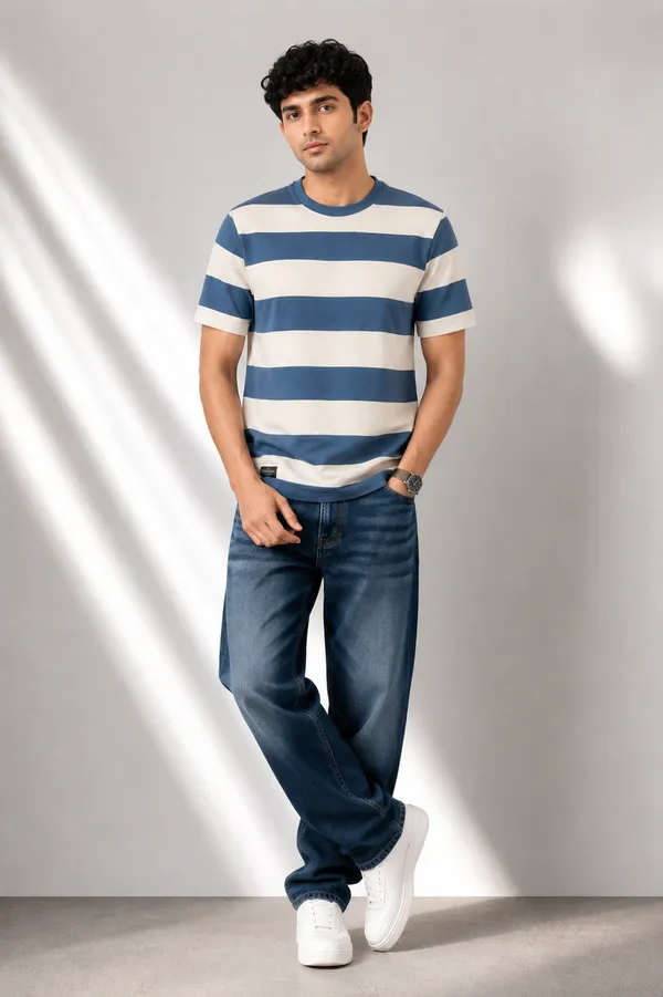 Men_S_Brown_Off_White_Striped_Casual_T_Shirt_Blue