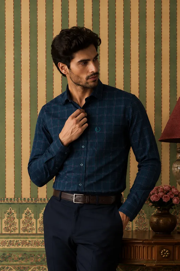 Men_S_Checked_Formal_Shirt_Full_Sleeve_Office_Wear_Peacock_Green