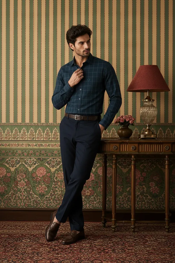 Men_S_Checked_Formal_Shirt_Full_Sleeve_Office_Wear_Peacock_Green
