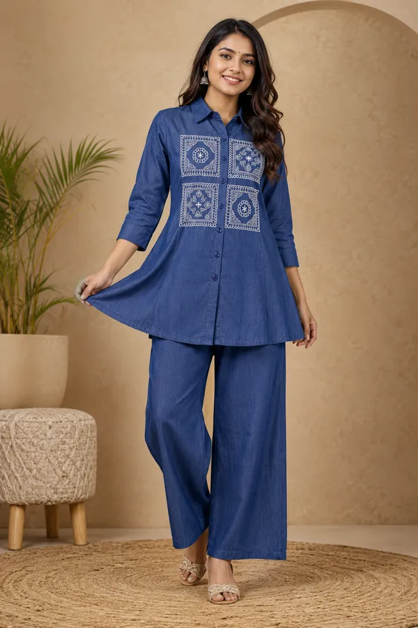 Embroidered_Co_Ord_Set_For_Women_Elegant_Denim_Look_Cotton_Co_Ord_Blue
