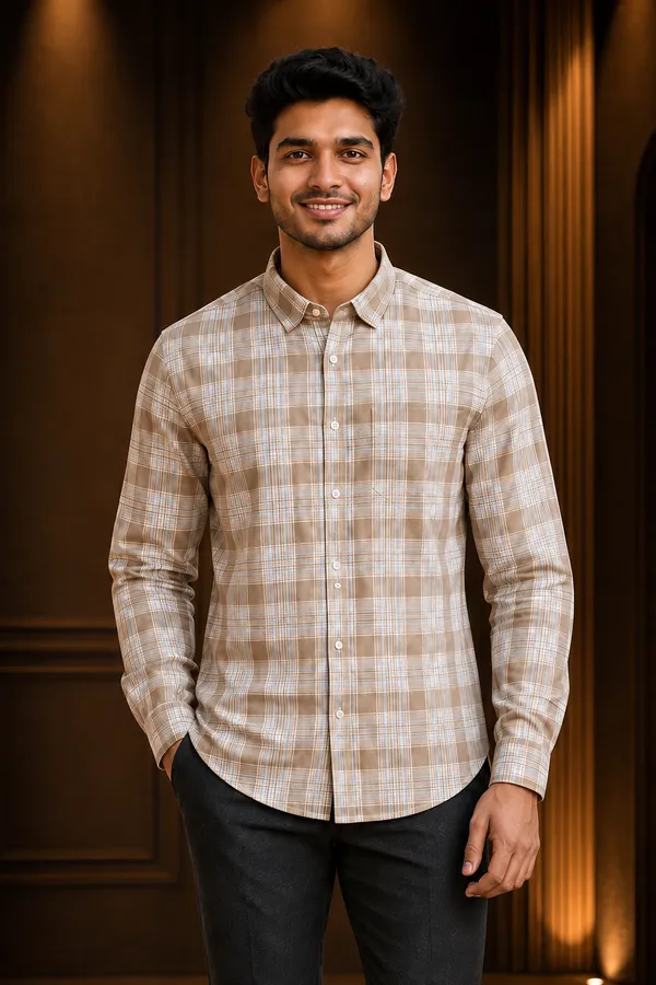 Classic_Beige_Checkered_Casual_Shirt_Golden_Beige