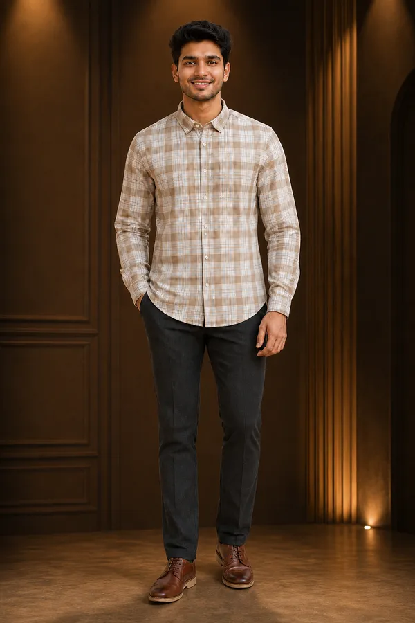 Classic_Beige_Checkered_Casual_Shirt_Golden_Beige