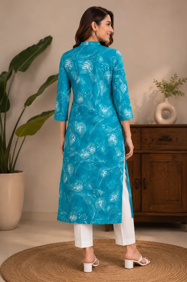 Turquoise_Leaf_Print_Kurti_Teal_Blue