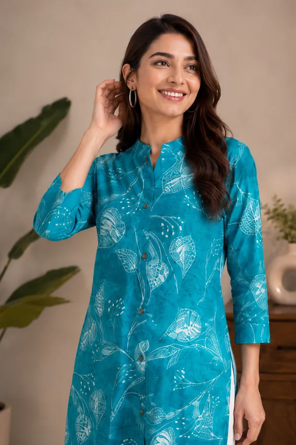 Turquoise_Leaf_Print_Kurti_Teal_Blue