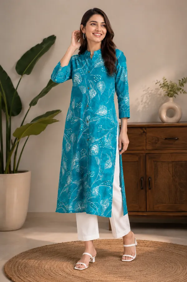 Turquoise_Leaf_Print_Kurti_Teal_Blue