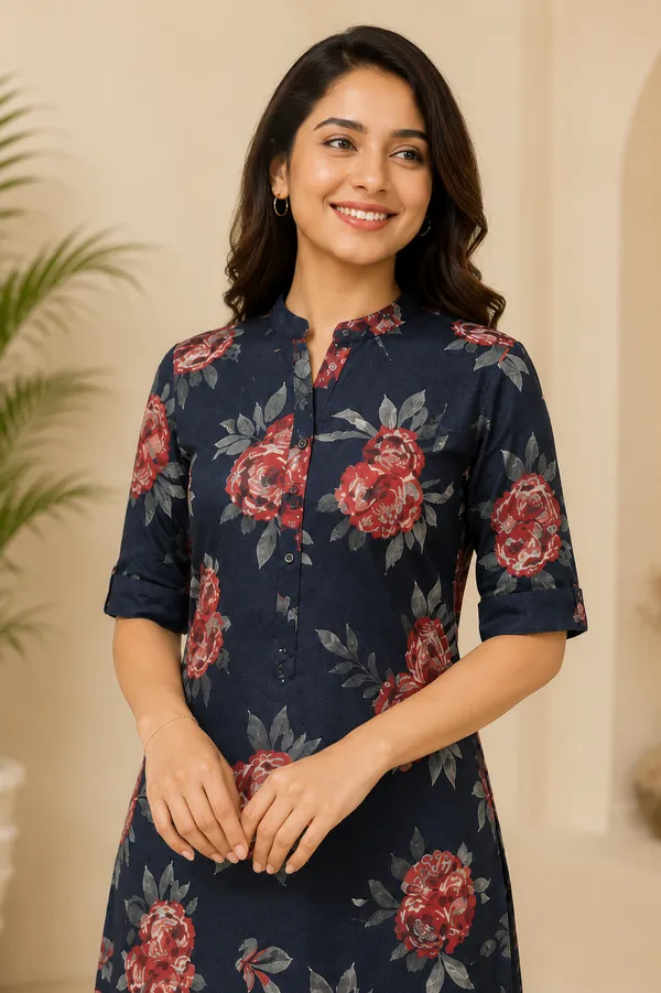 Navy_Blue_Floral_Long_Kurti_Black