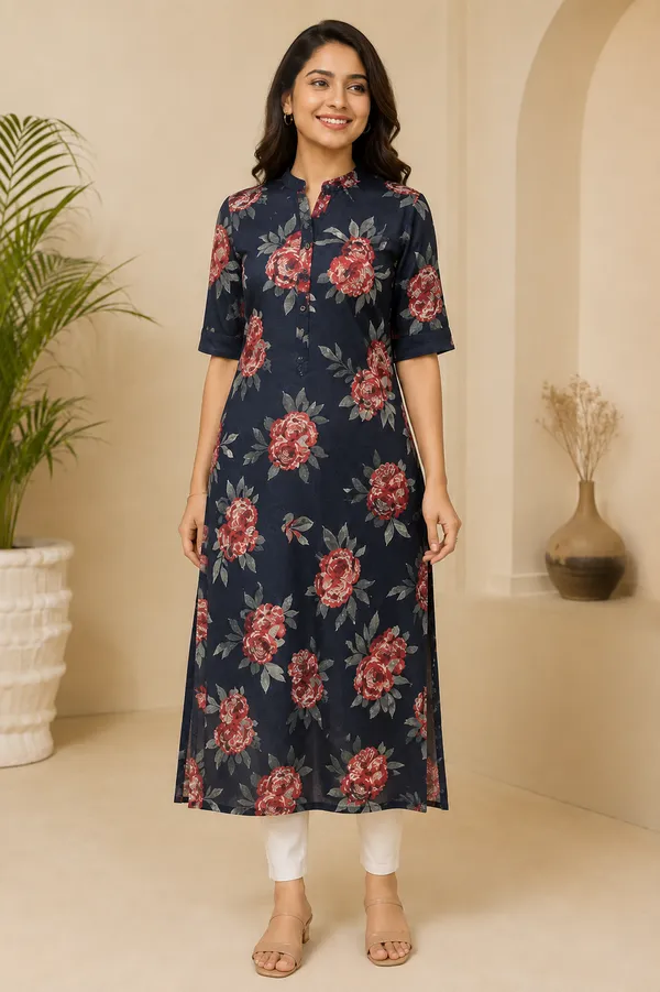 Navy_Blue_Floral_Long_Kurti_Black
