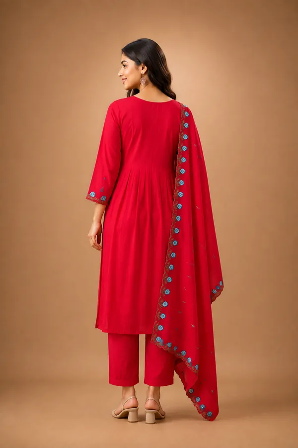 Floral_Embroidered_Kurti_Pant_Dupatta_Set_Rani_Pink