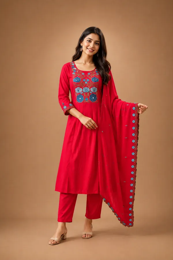 Floral_Embroidered_Kurti_Pant_Dupatta_Set_Rani_Pink