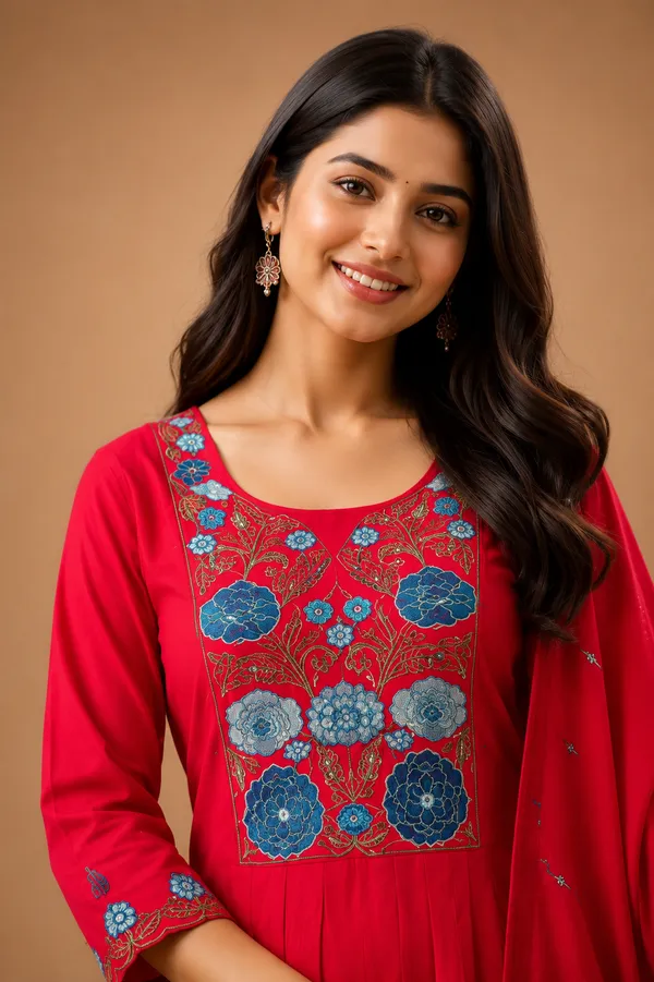 Floral_Embroidered_Kurti_Pant_Dupatta_Set_Rani_Pink