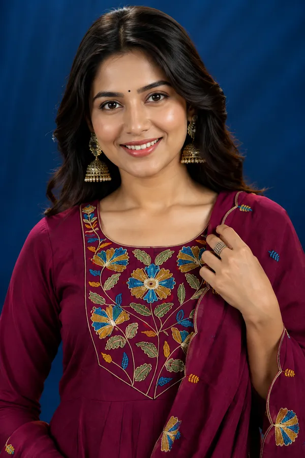 Floral_Embroidered_Kurti_Bottom_Dupatta_Set_Mauve_Purple